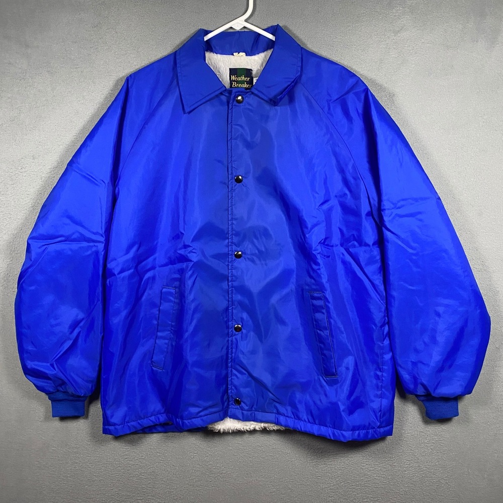 Vintage Weather Breaker Coach Jacket Mens XL Blue Faux Shearling Lined USA Made